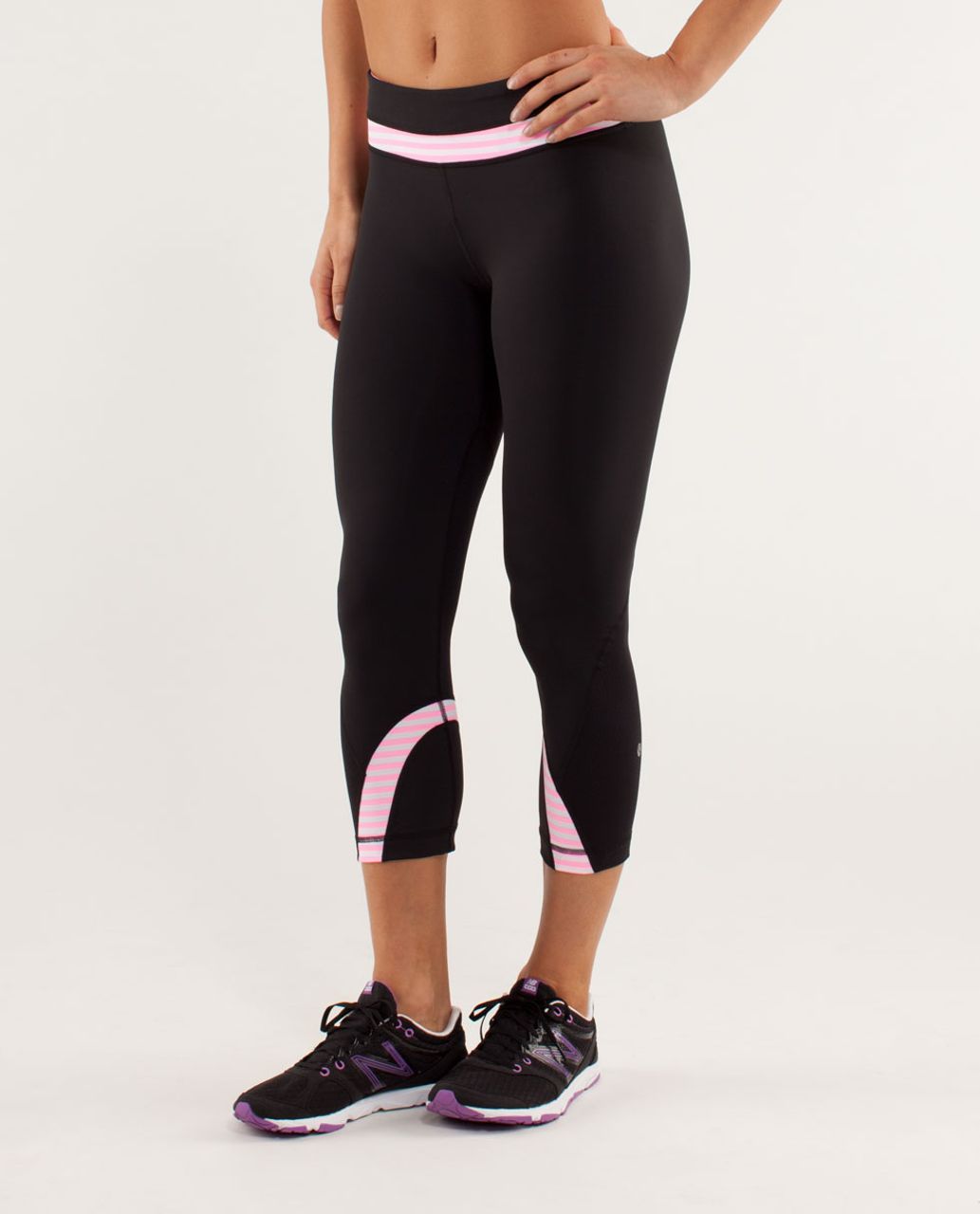 Lululemon Run:  Inspire Crop II - Black / Classic Stripe White Pink Shell