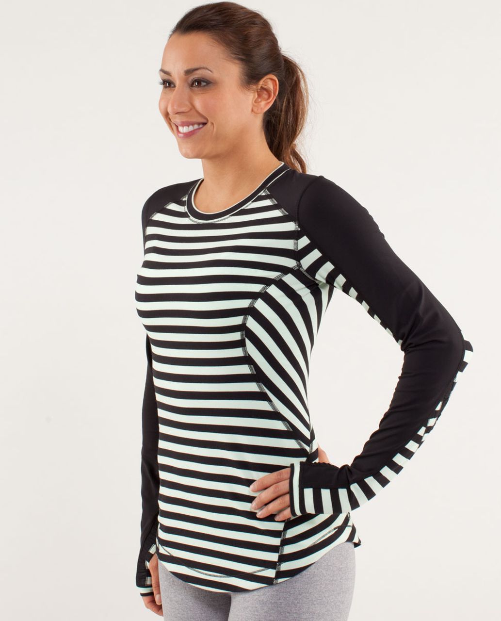 Lululemon Run:  Reflect Long Sleeve - Sea Stripe Mint Moment Black / Black