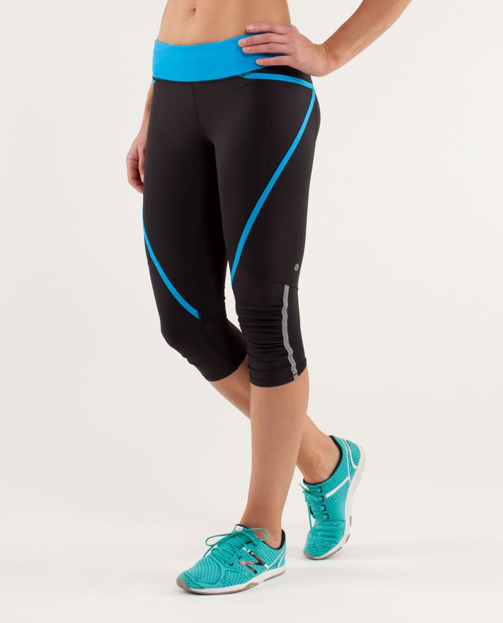 Lululemon Run:  Pace Crop - Black / Beach Blanket Blue / Wee Are From Space Aquamarine