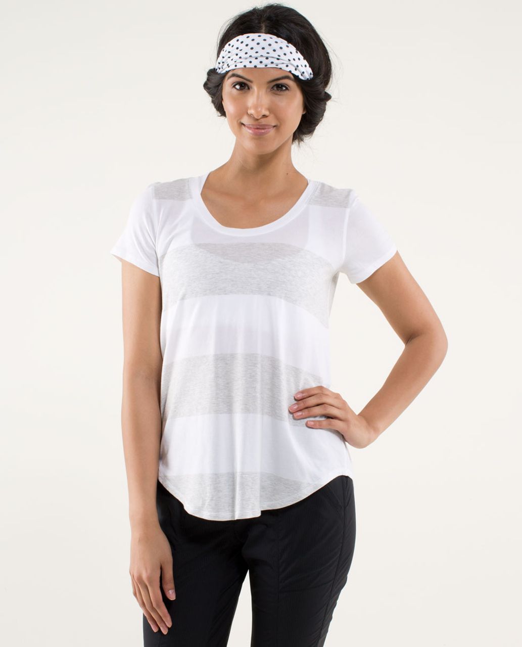 Ivivva Lululemon Girls Grey and White Striped Short Sleeve Shirt - Size 10