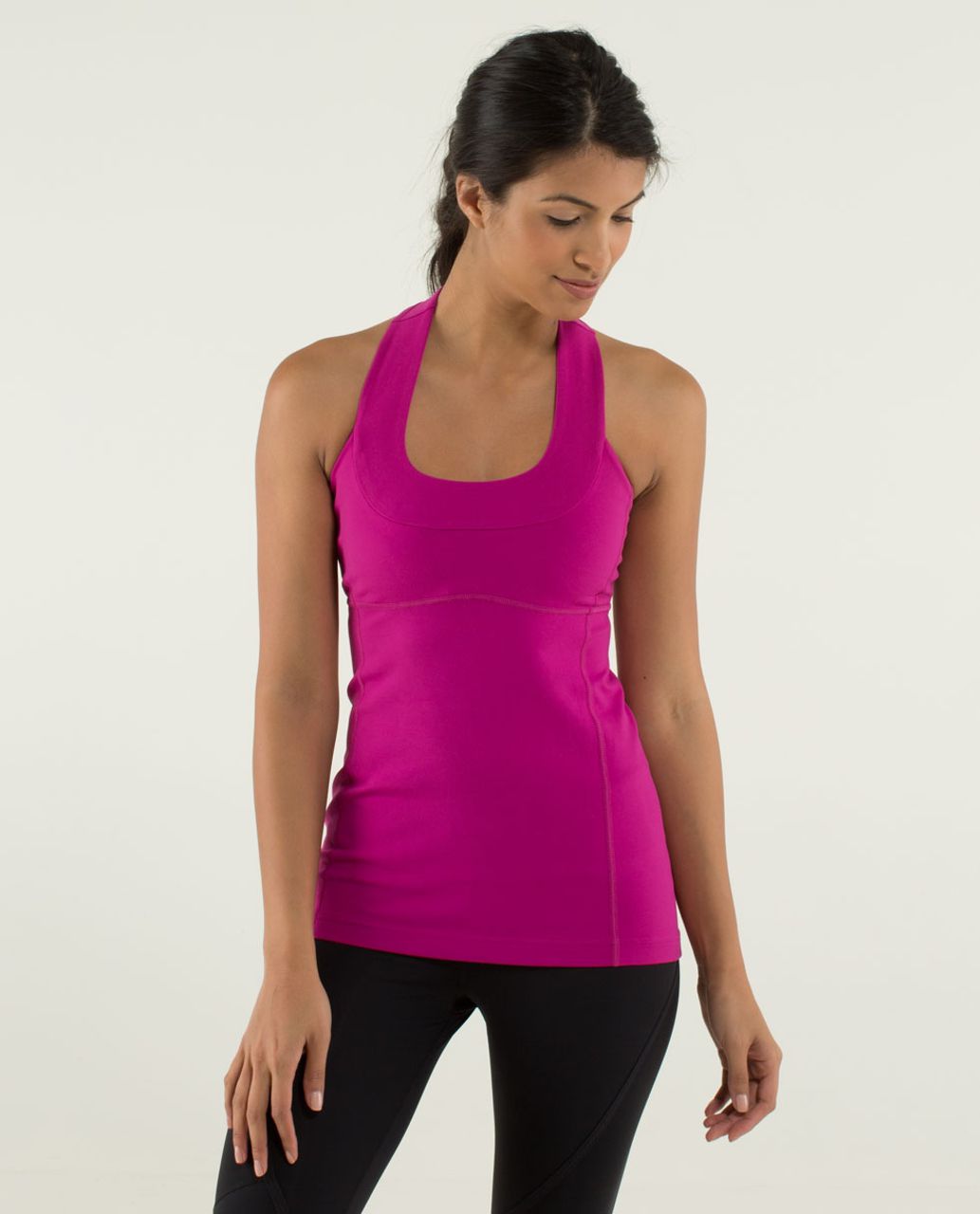 Lululemon Scoop Neck Tank Top black mesh detail full length Luon built-in  bra 8