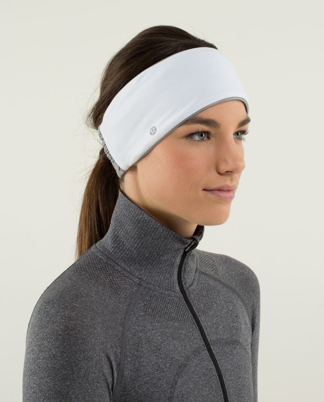 Lululemon Frosty Run Ear Warmer - White / Heathered Herringbone Heathered Black White