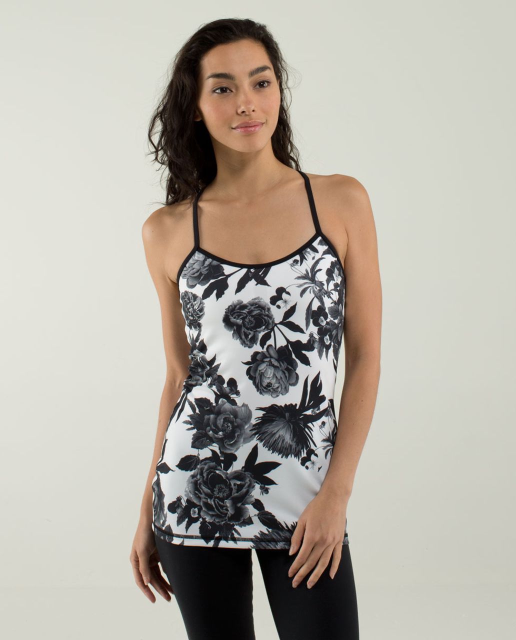 Lululemon Floral Black White Women Size 6 Run Deep V Top Tank Mesh Back