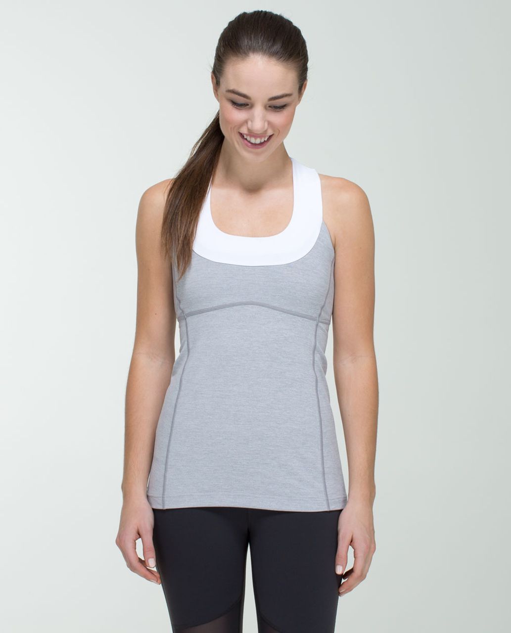 Lululemon Scoop Neck Tank Top black mesh detail full length Luon built-in  bra 8