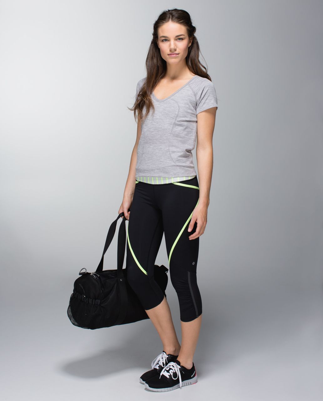 Lululemon Run:  Pace Crop - Black / Deauville Stripe Clear Mint Heathered Light Grey