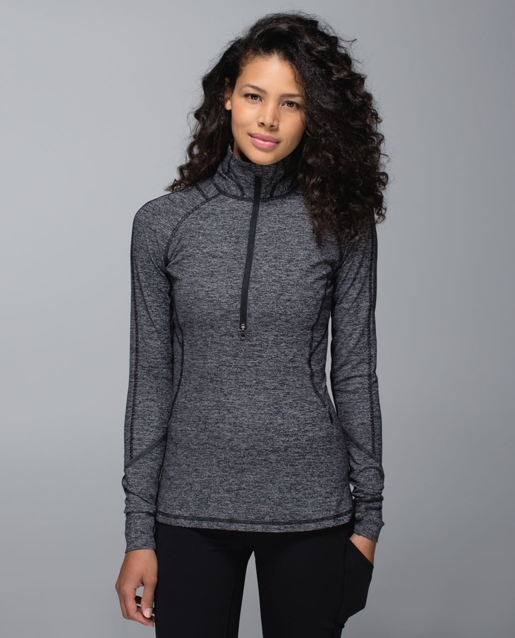 Lululemon Base Runner 1/2 Zip Heathered Herringbone Black High Neck Rulu Sz  4 