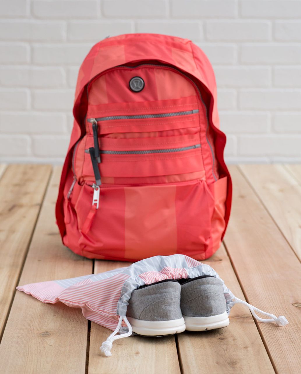 Lululemon Pack To Reality Backpack - Bold Stripe Atomic Red Plum Peach / Deep Coal