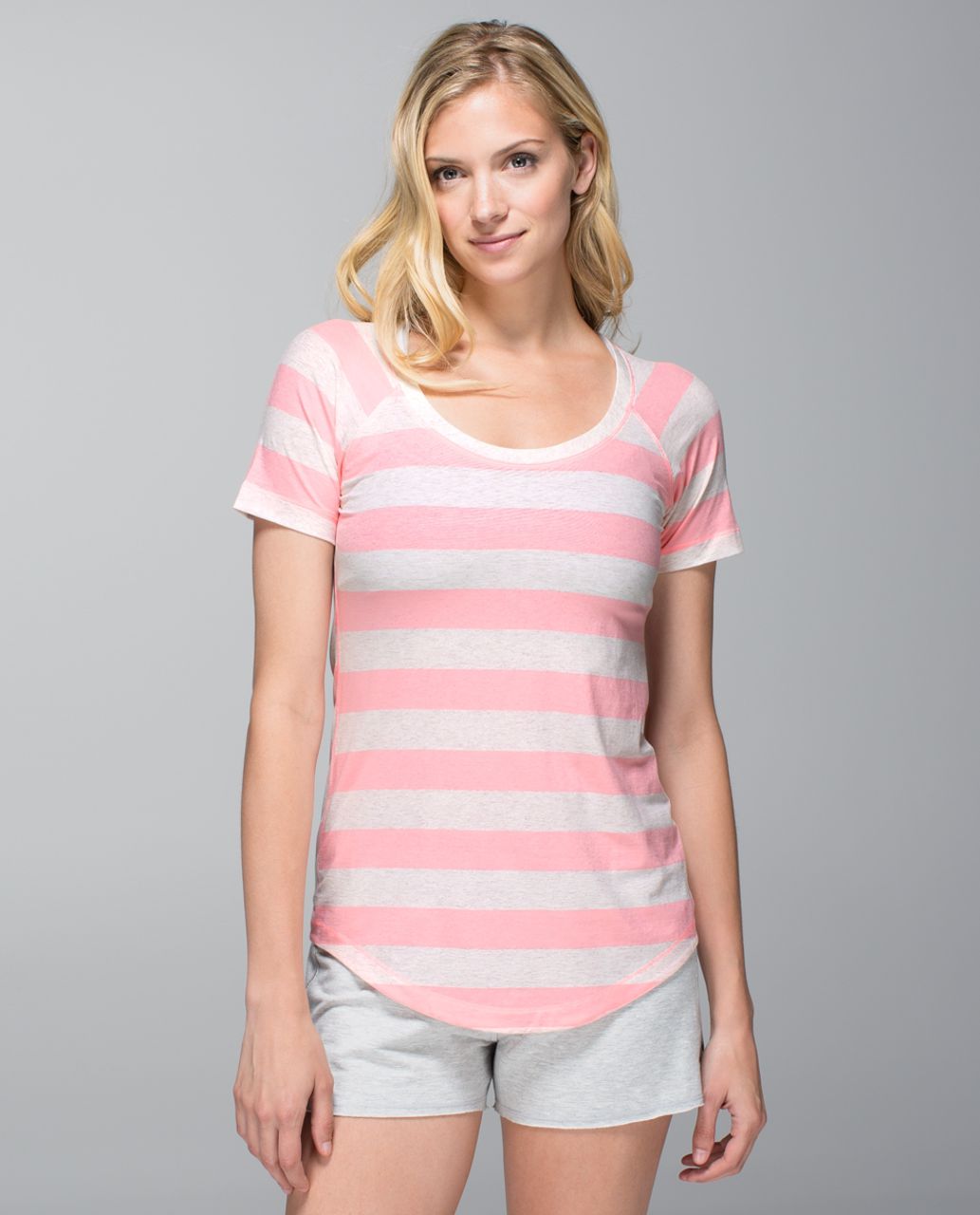 Lululemon Dhyana Short Sleeve - Steep Stripe Bleached Coral Heathered Angel White Horizontal / Heathered Angel Wing