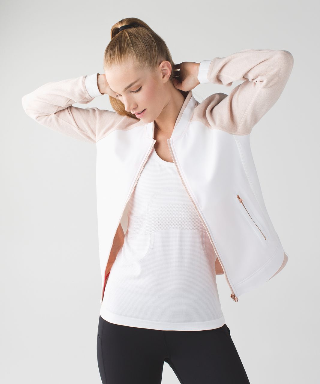 Lululemon white herringbone forme jacket heathered paris pink speed shorts  - Agent Athletica