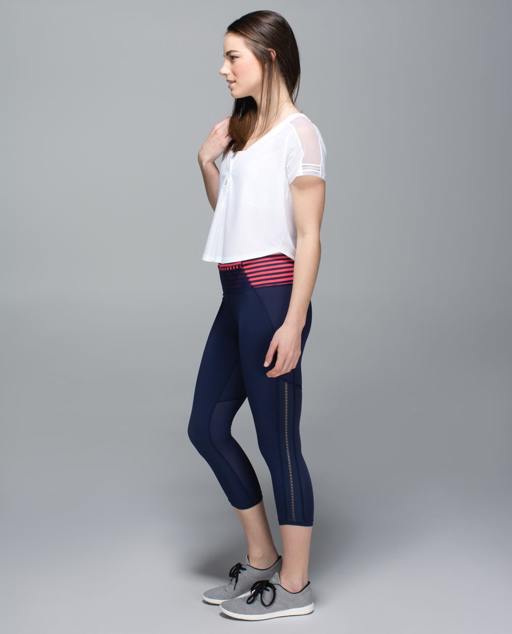 Lululemon Pace Pusher Crop - Deep Navy / Narrow Bold Stripe Electric Coral Deep Navy