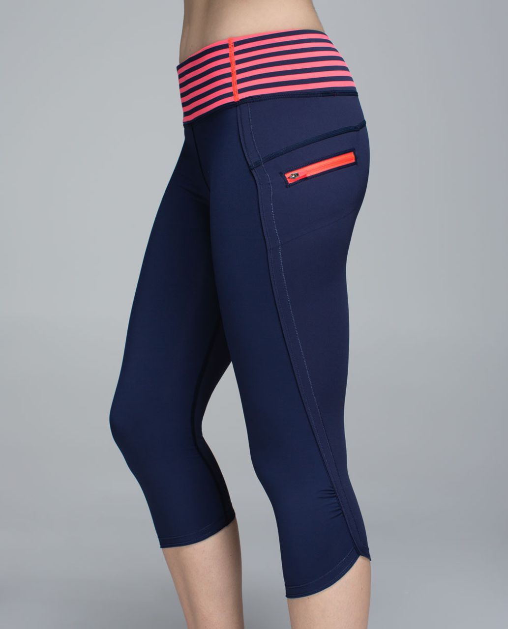 Lululemon Run:  Top Speed Crop - Deep Navy / Narrow Bold Stripe Electric Coral Deep Navy