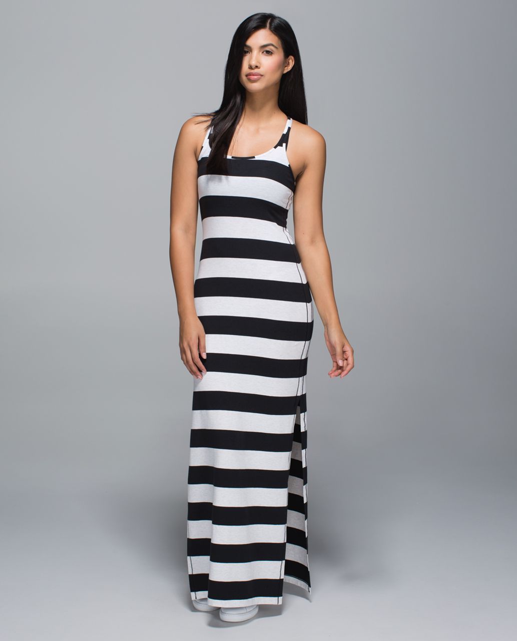 gray and white striped maxi dress