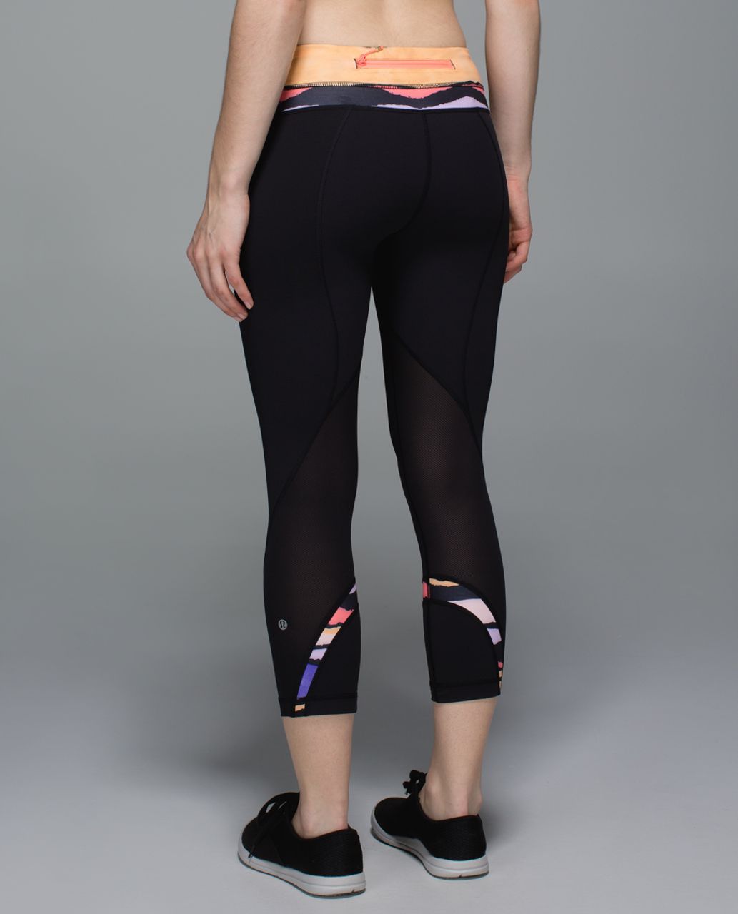 Lululemon Run:  Inspire Crop II *Block-It Pocket - Black / Bleacher Stripe Black Iris Flower