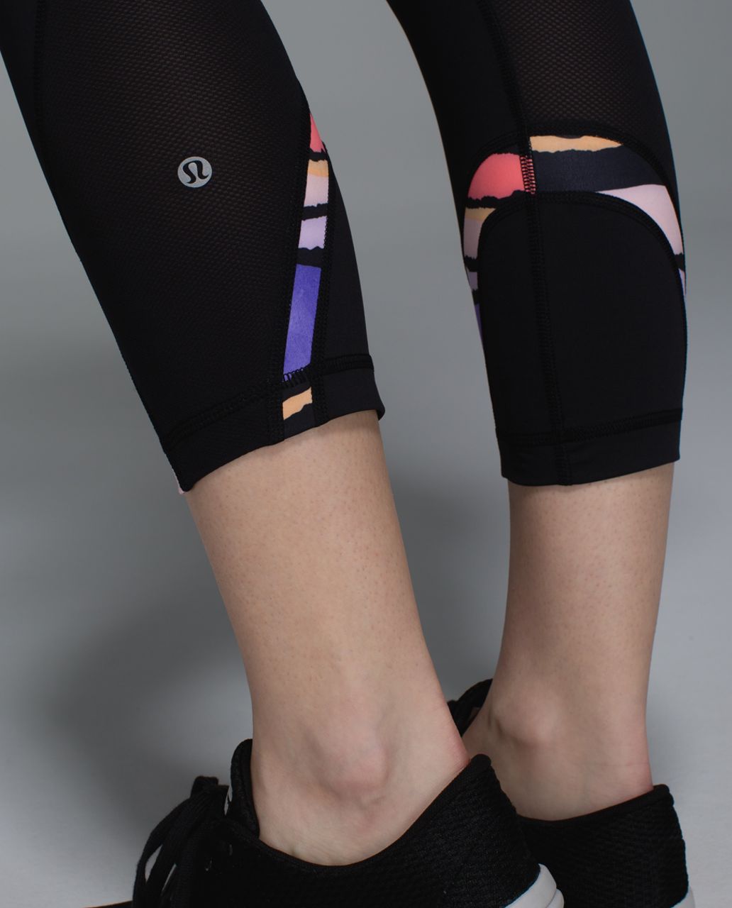 Lululemon Run:  Inspire Crop II *Block-It Pocket - Black / Bleacher Stripe Black Iris Flower