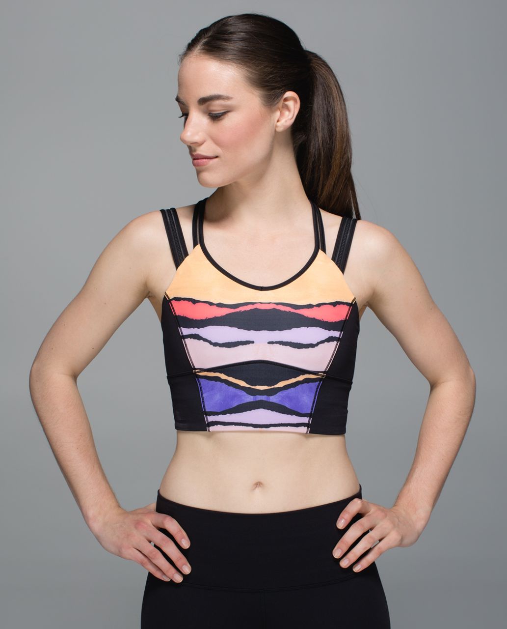 Lululemon Happy Strappy Long Line Bra - Bleacher Stripe Black Iris Flower / Black