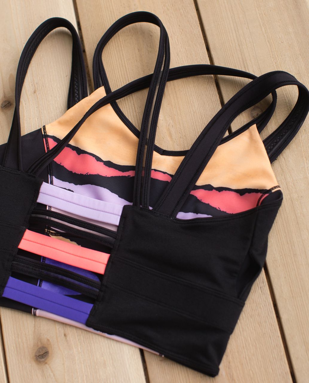 Lululemon Happy Strappy Long Line Bra - Bleacher Stripe Black Iris Flower / Black