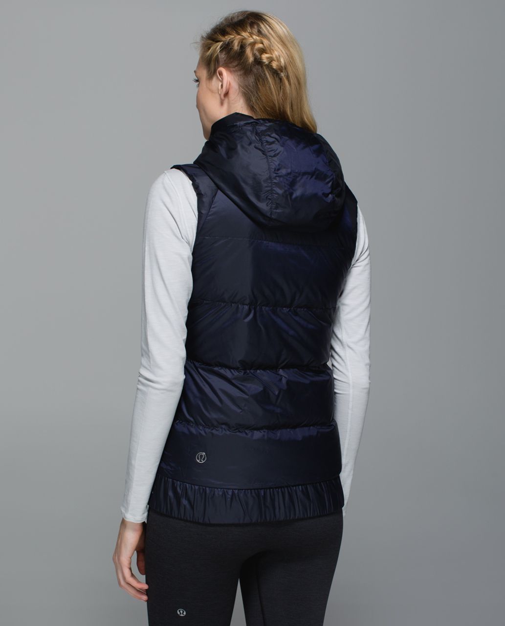 Lululemon Fluffiest Vest Hooded Reversible Puffer Down Navy Blue Plaid sz 4