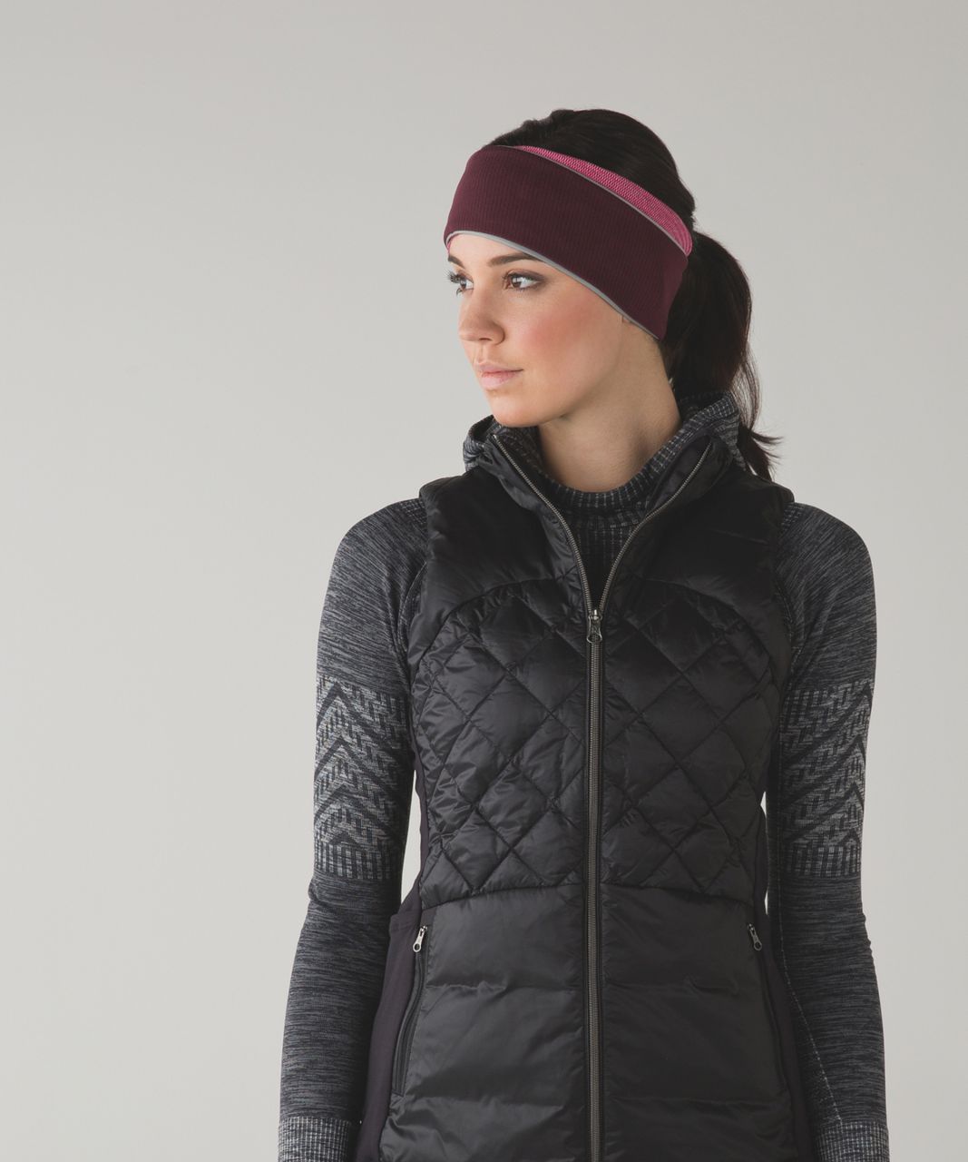 Lululemon Run And Done Ear Warmer - Mini Check Pique Wine Berry Heathered Bon Bon / Bordeaux Drama