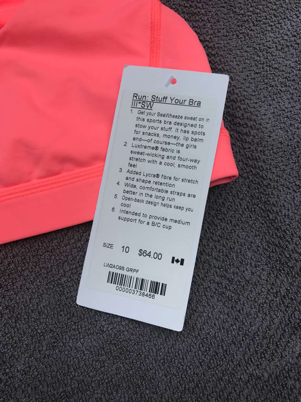 Lululemon Run: Stuff Your Bra III *SW - 2017 Seawheeze - Grapefruit