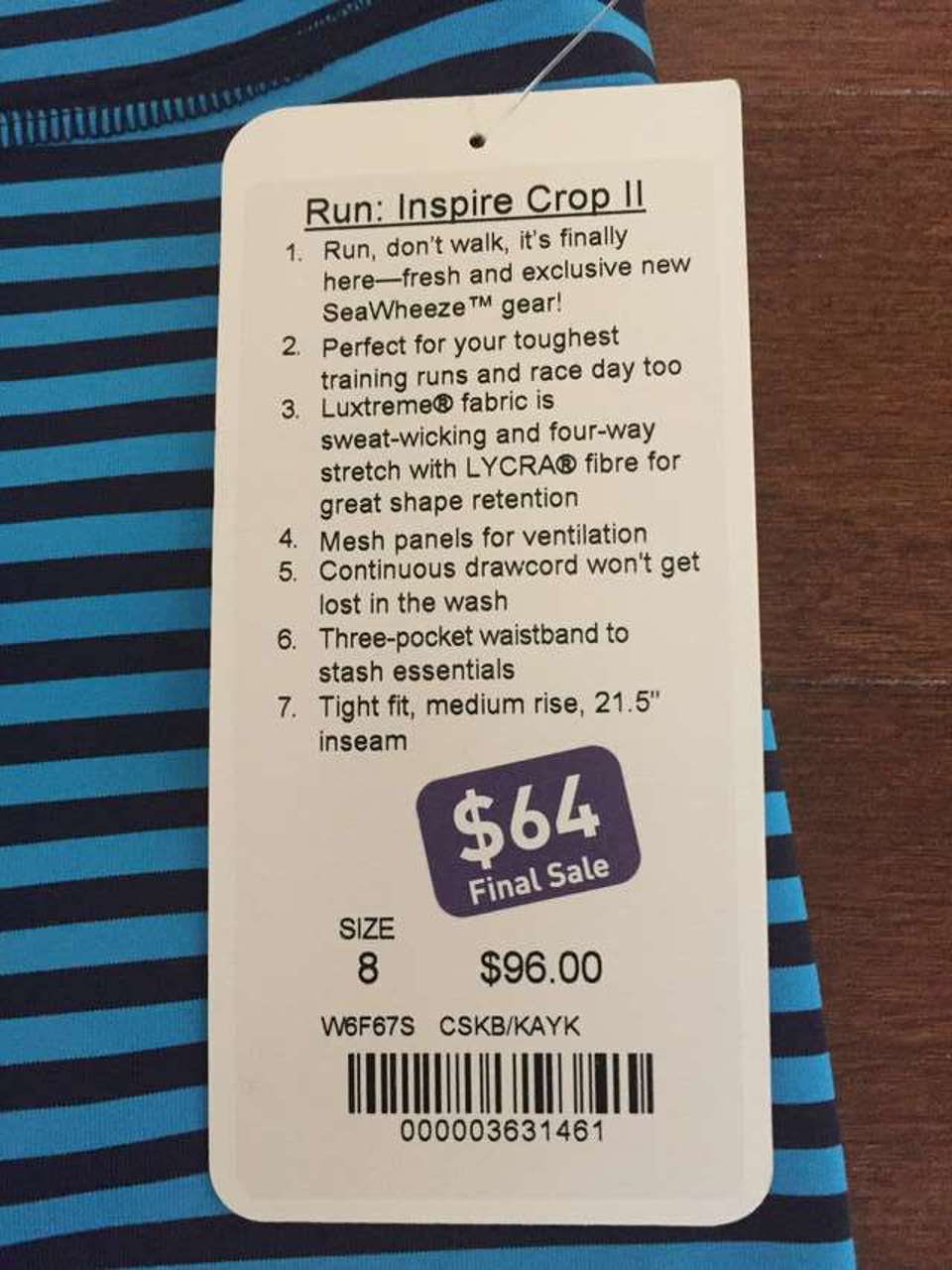 Lululemon Run:  Inspire Crop II - 2015 Seawheeze - Classic Stripe Kayak Blue / Kayak Blue