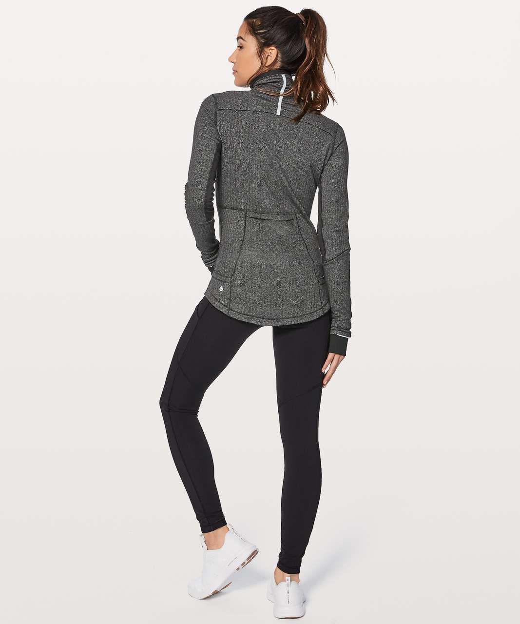 lululemon heathered black herringbone think fast half zip pullover deepest  cranberry run crops - Agent Athletica