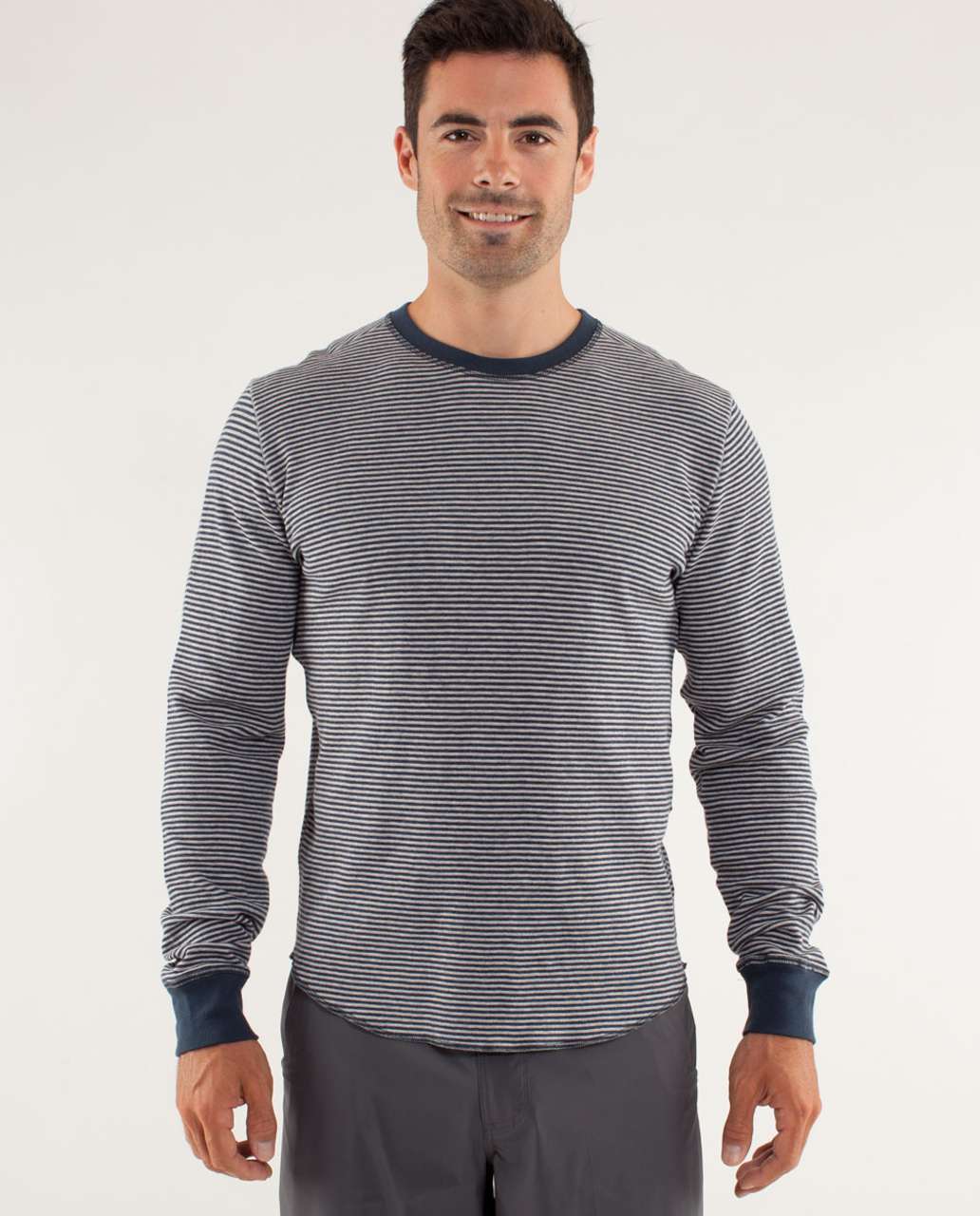 Lululemon Binary Crew - Classic Stripe Heathered Black Iris Blue / Heathered Buff