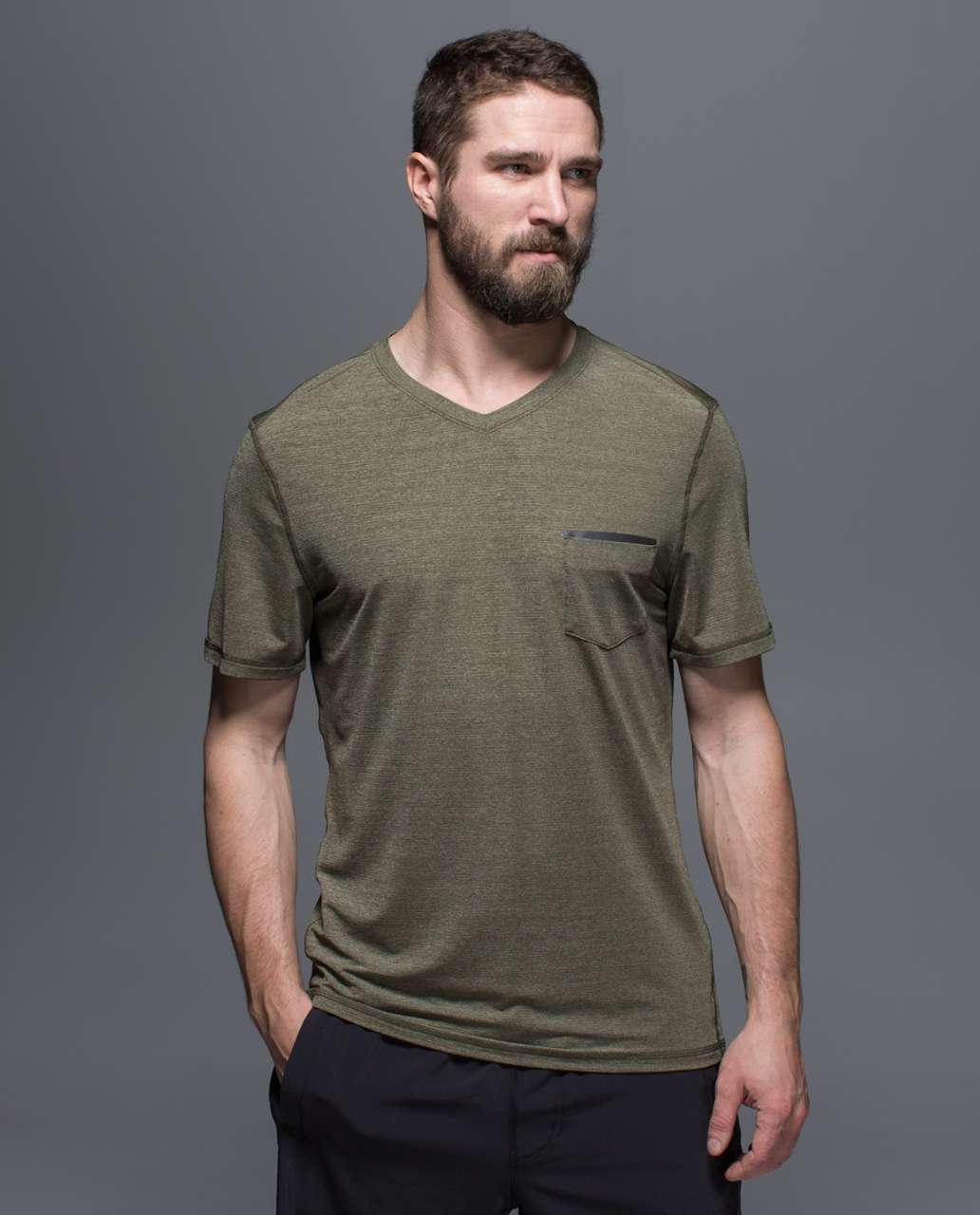 Lululemon Up Front Short Sleeve V - Heathered Fatigue Green / Black