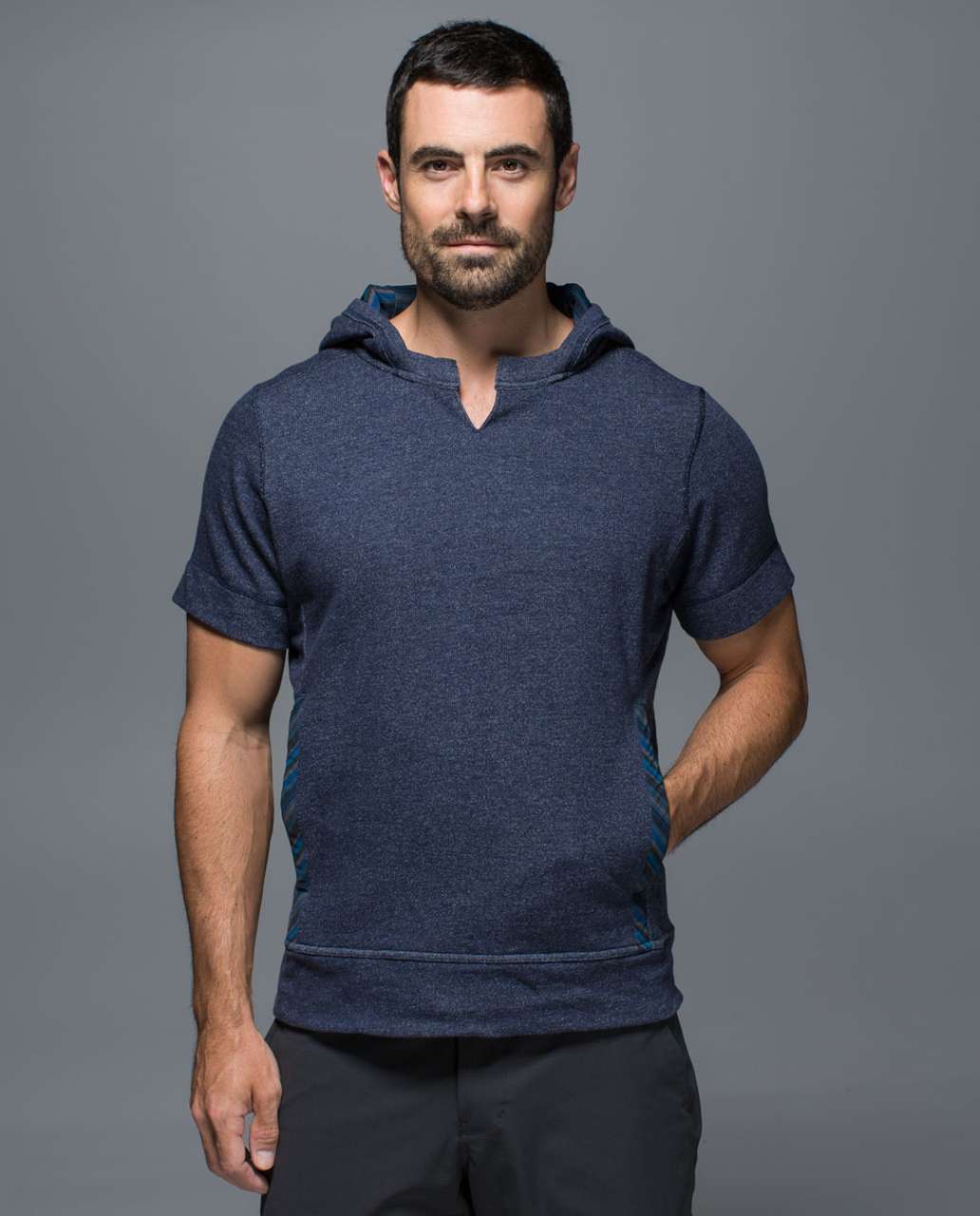 Lululemon Bodhi Short Sleeve Hoodie - Heathered Deep Navy / Blanket Stripe Printed Hawk Blue Deep Navy