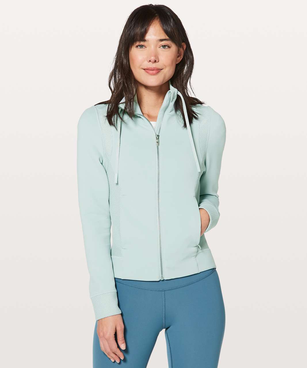 LULULEMON IN STRIDE JACKET HOODIE TEAL BLUE 6 TWO TONE CONTRAST FULL ZIP 