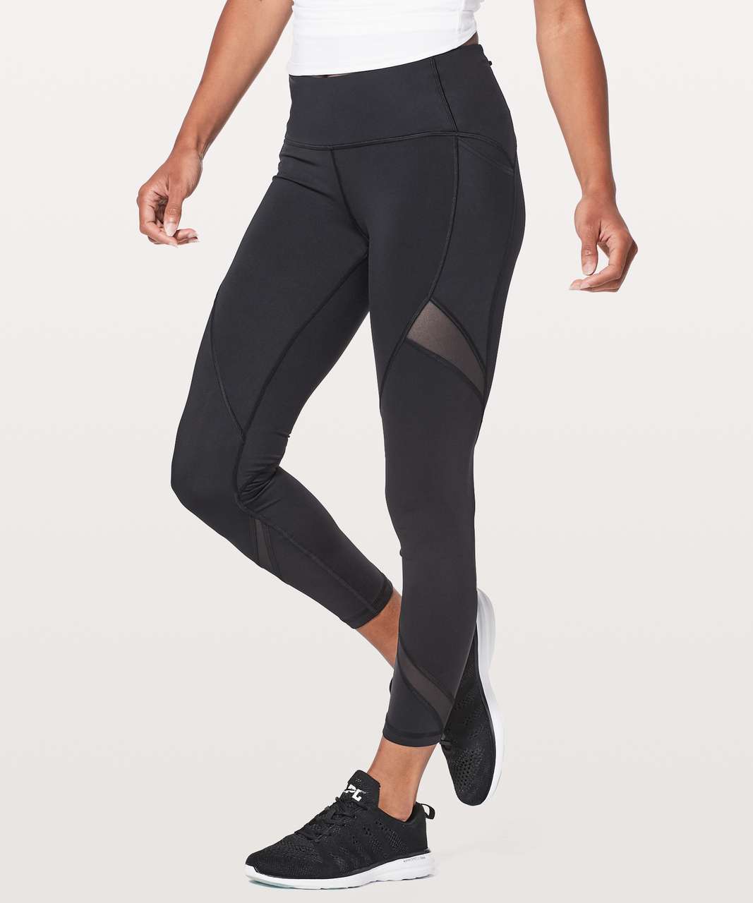 Lululemon Size 8 Black Athletic Training Leggings Mid Rise Pockets Mash  Panel