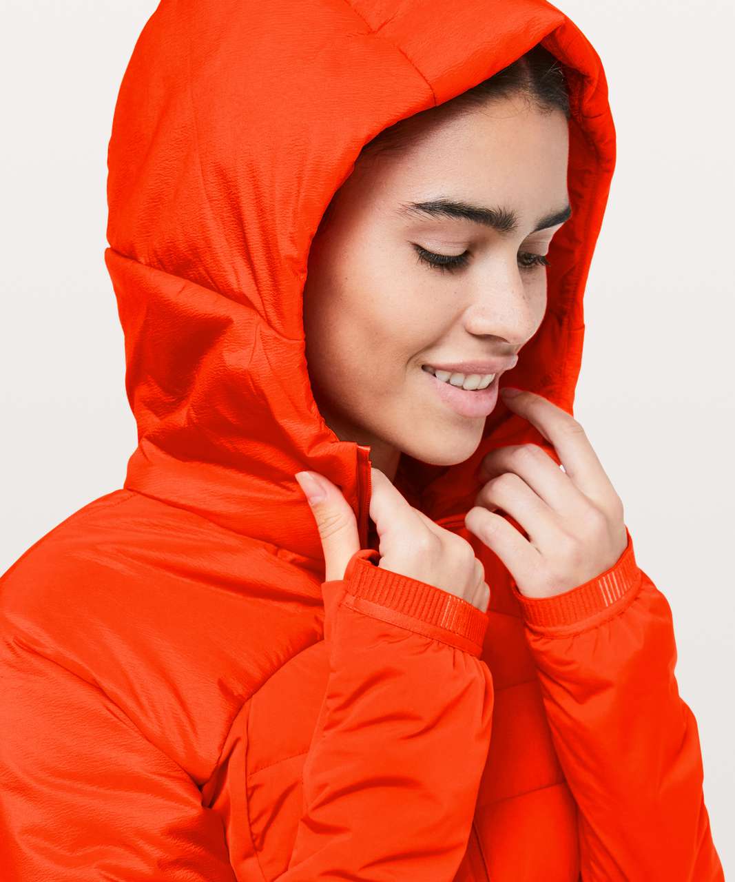 Lululemon Orange Red Light Hooded Jacket Size 8 Ruffle Trim Thumb Holes