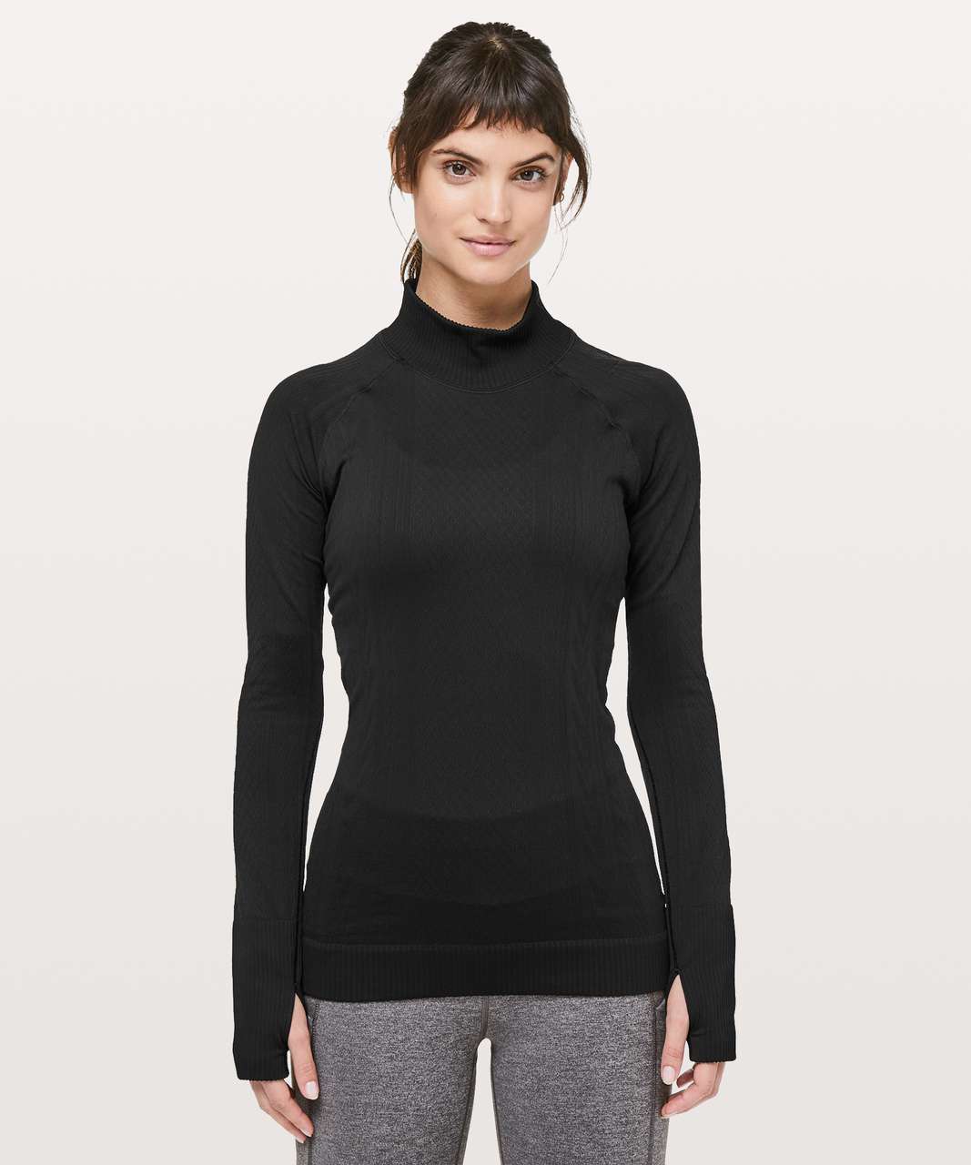 Ribbed Mock Neck Long Sleeve T-Shirt - Black