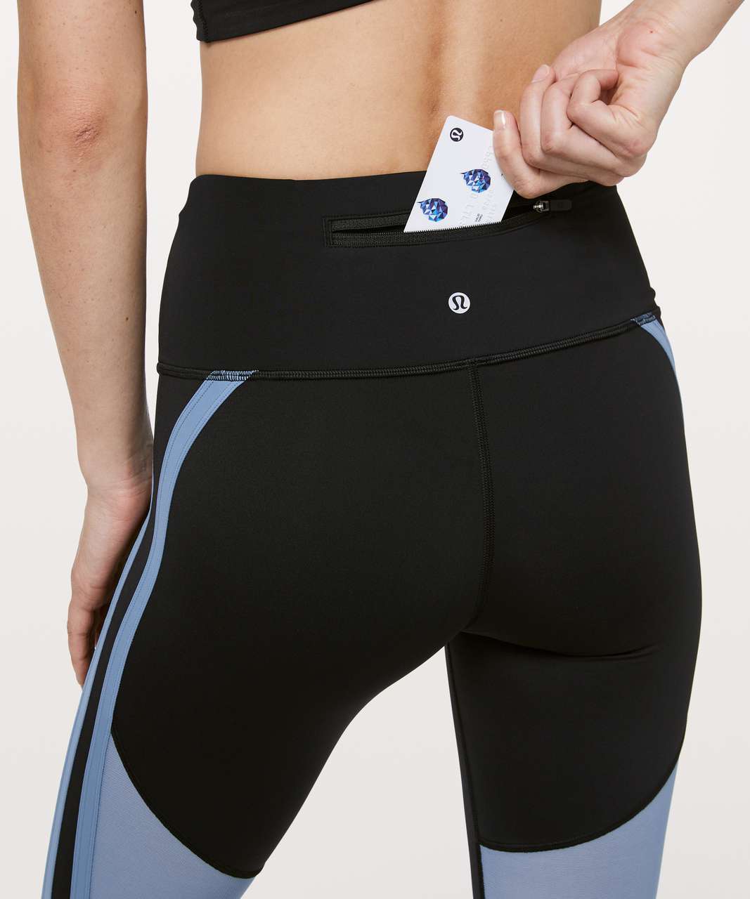 lululemon athletica, Pants & Jumpsuits, Lululemon Zip The Line Crop  Leggings Black With Blue Mesh Details