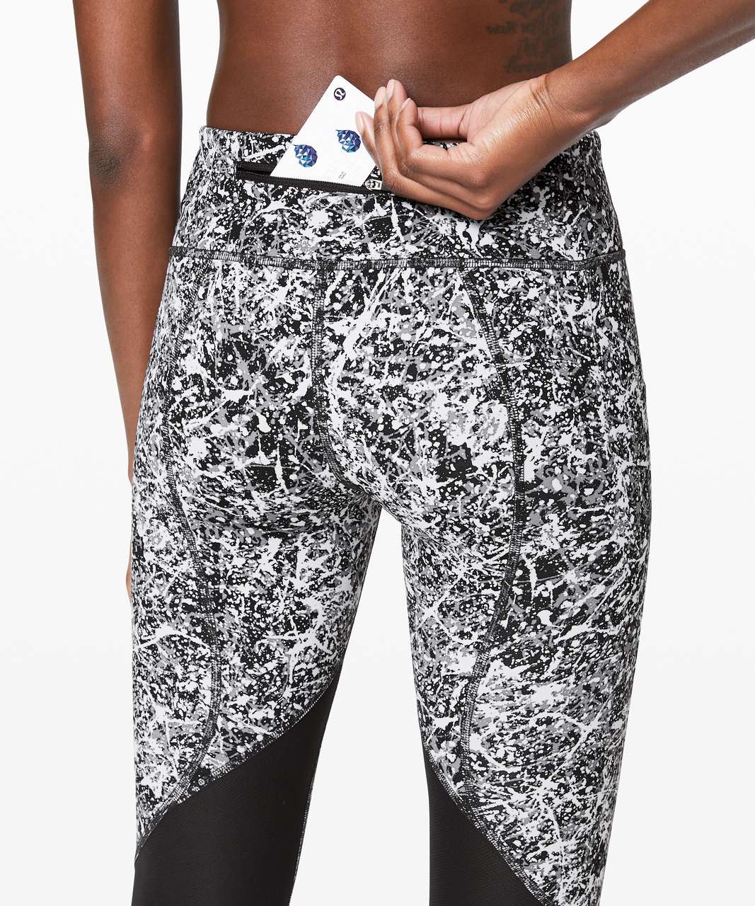 Lululemon Pace Rival Crop Cropped Leggings Paint Splatter White Black Mesh  Sz 4