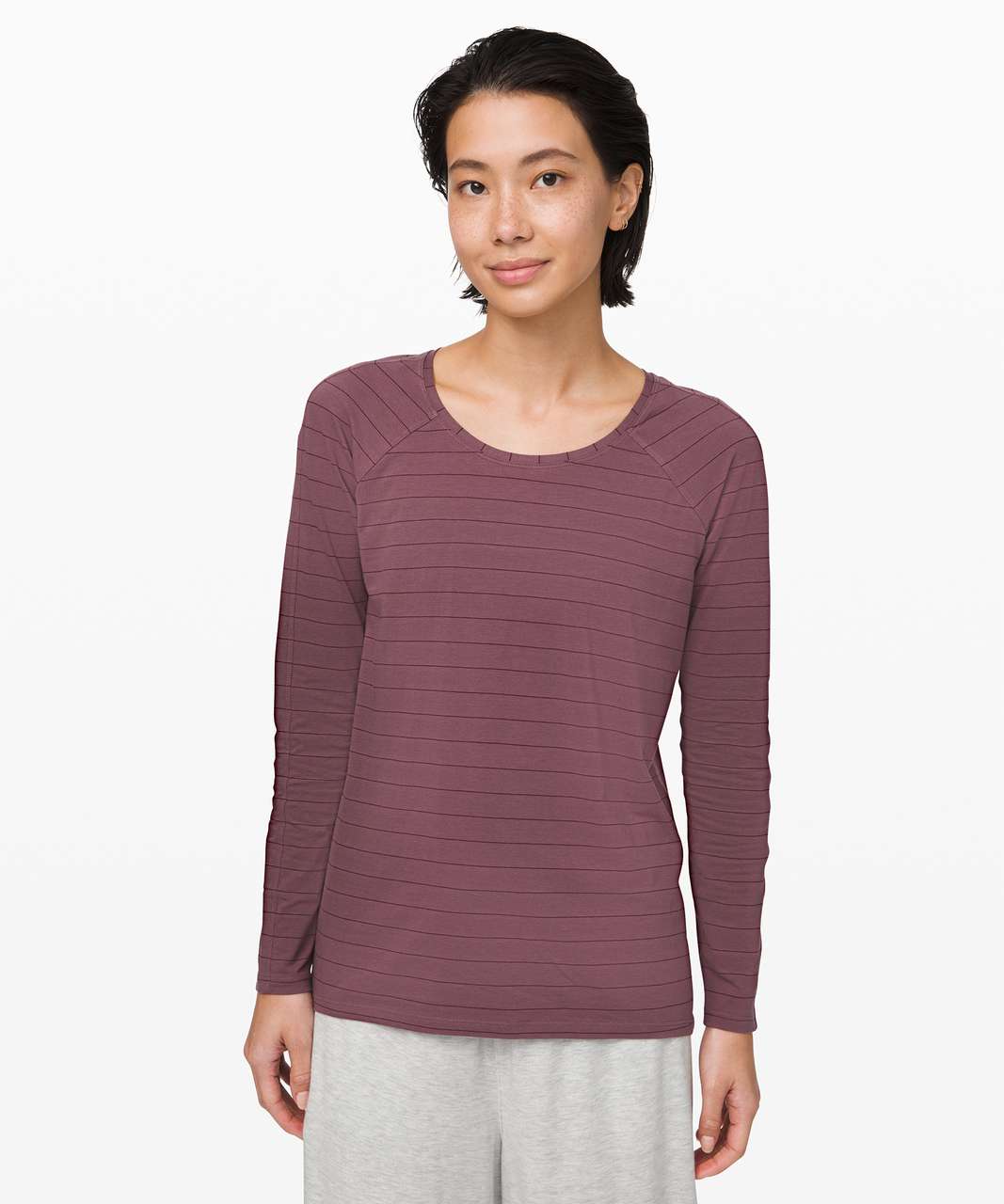 Lululemon Emerald Long Sleeve - Short Serve Stripe Antique Bark Garnet