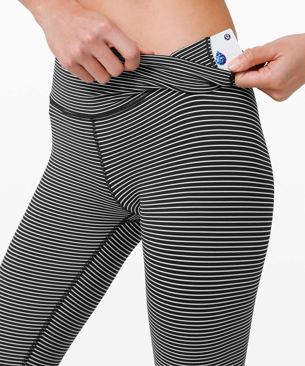 WOMENS LULULEMON BLACK WHITE STRIPED WAISTBAND LEGGINGS 8 *