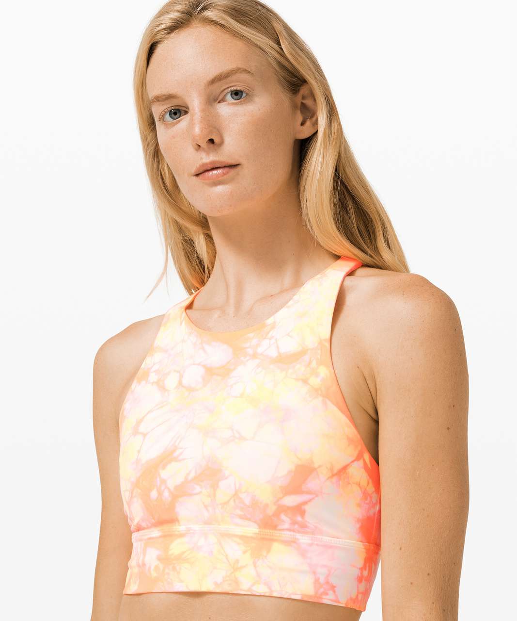 Lululemon Energy Bra High Neck Long Line Shibori *Medium Support B-D - Dual Shibori White Grapefruit Florid Orange