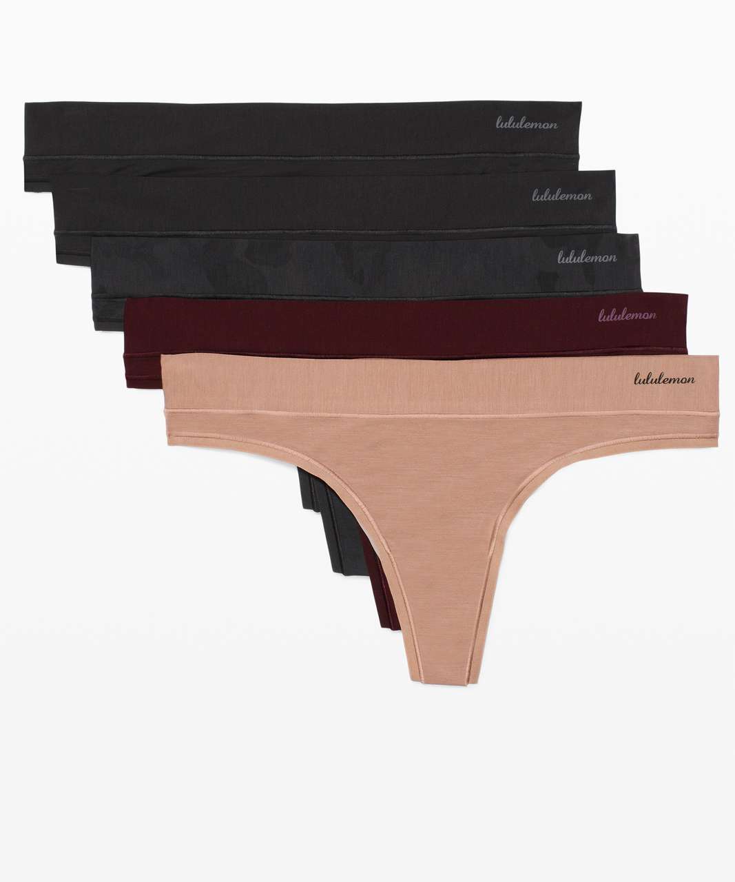 Lululemon Soft Breathable Thong *5 Pack - Black / Soft Sand / Incognito  Camo Multi Grey / Black / Garnet - lulu fanatics