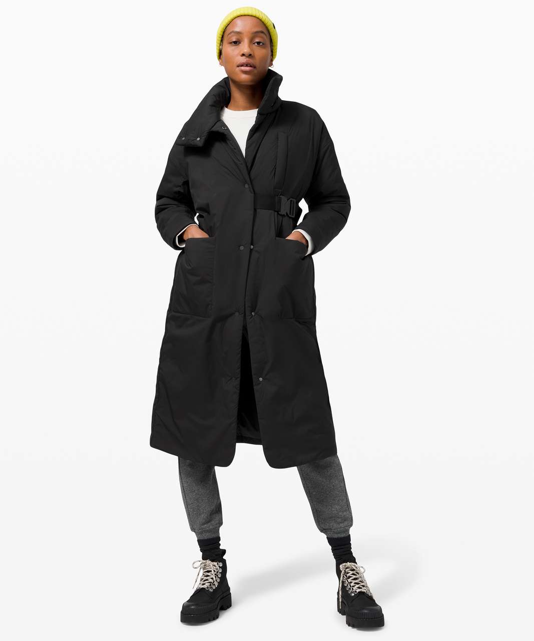 Black long quilted coat - Black - Monki