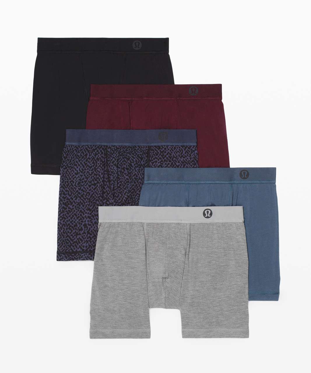 Lululemon Always in Motion Boxer 5" *5 Pack - Heathered Core Medium Grey / Black / Texturize Cadet Blue / Cassis