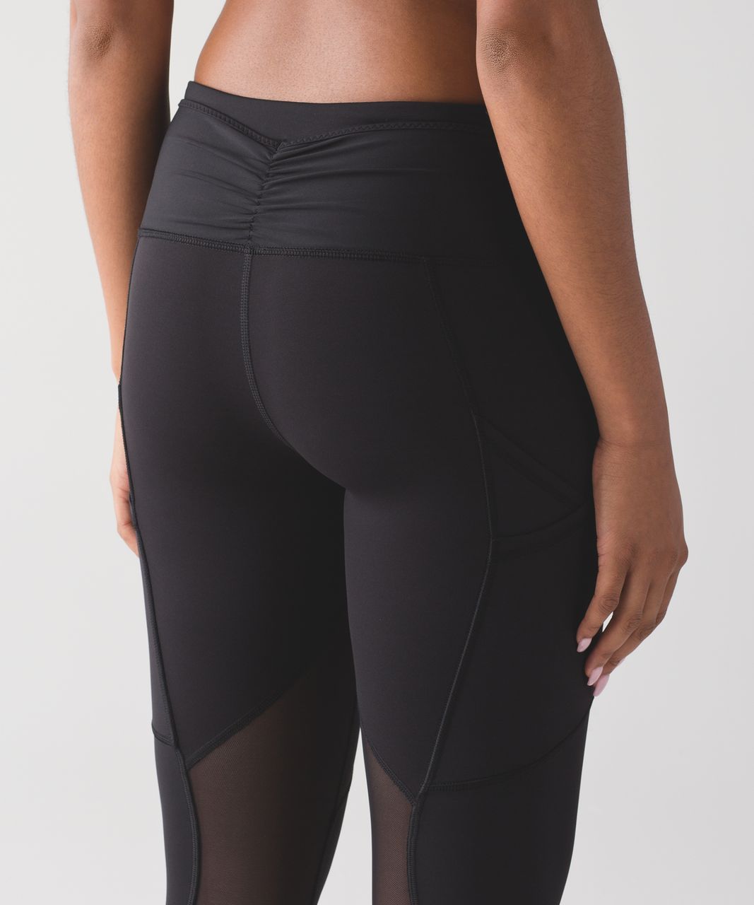 Lululemon Crop Ruched Leggings Black Lace Inset Size 4 6 Side Pockets 