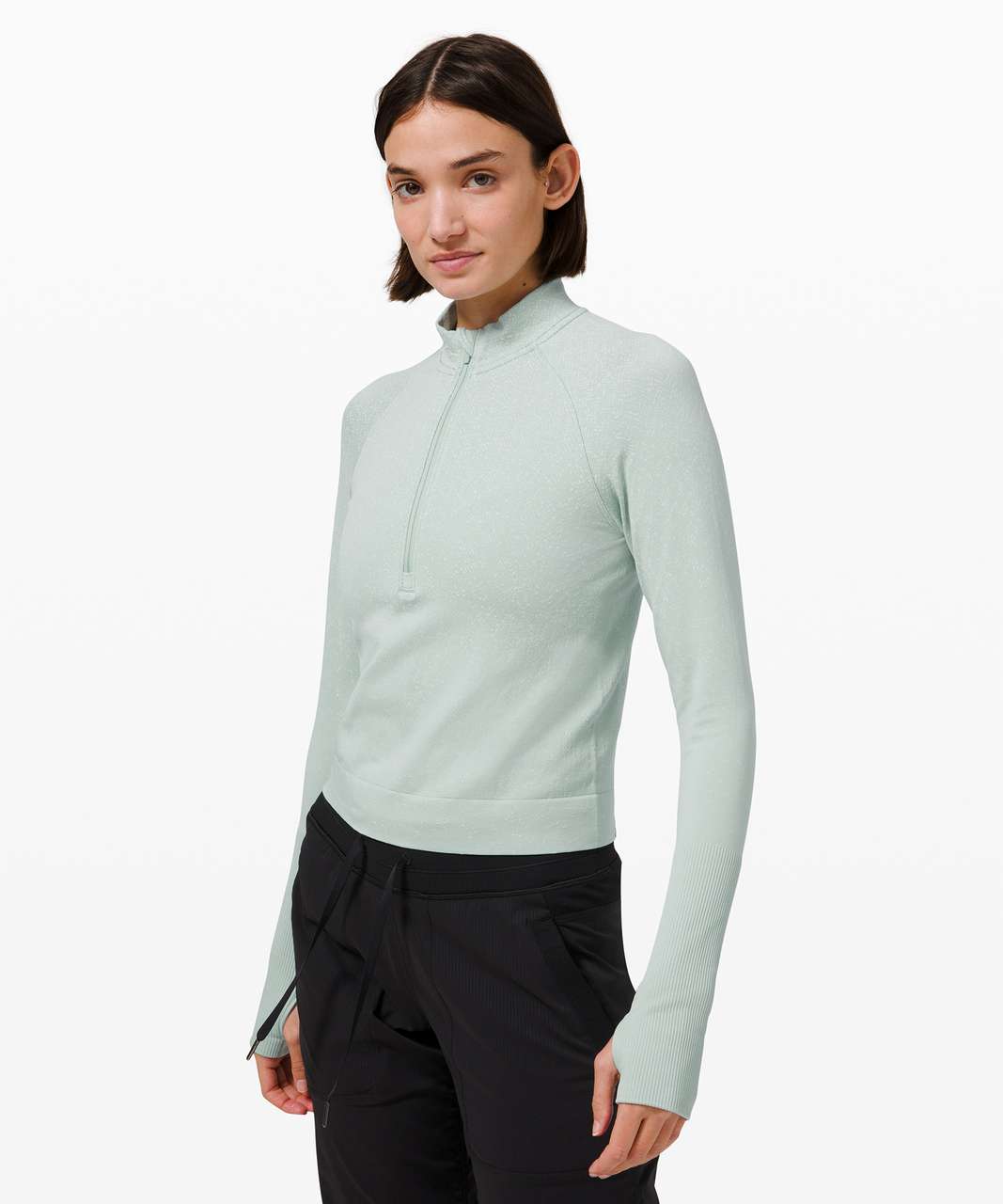 Lululemon Rest Less Cropped 1/2 Zip - Herringbone Fade Hazy Jade / Alpine  White - lulu fanatics