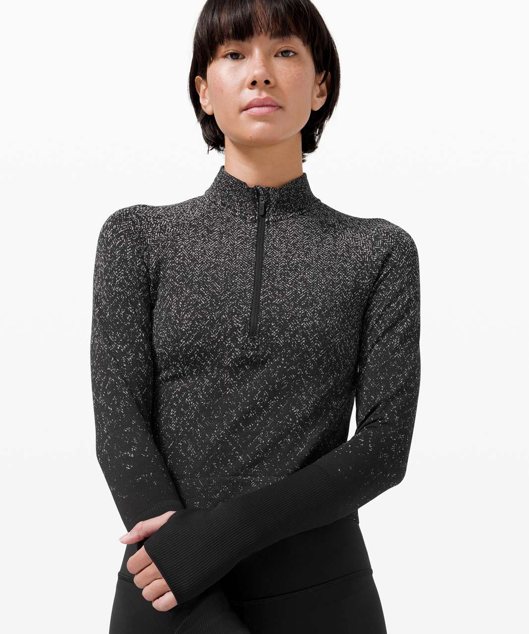 Lululemon Rest Less Cropped 1/2 Zip - Herringbone Fade Black