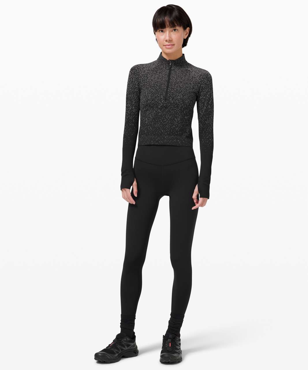 Lululemon Rest Less Cropped 1/2 Zip - Herringbone Fade Black / White