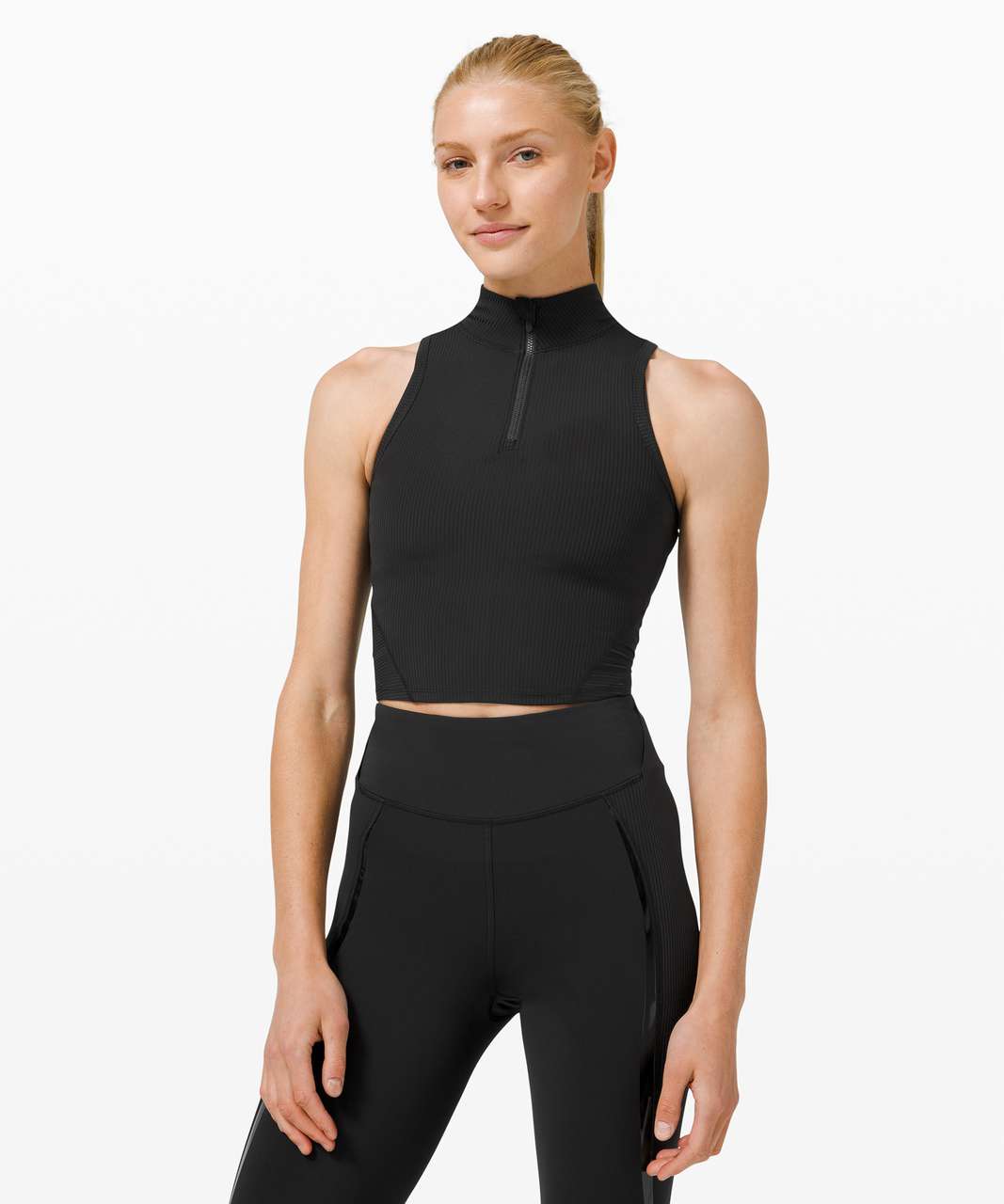 Lululemon Rib Zip-Front Cropped Run Tank Top - Black