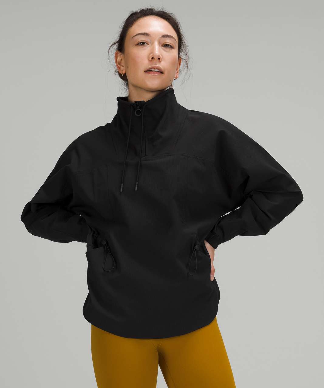 Lululemon Women's Nylon Stretch Ruffle Hood Quarter Zip Pullover Sweater  Black Size 12 - $50 - From Galore