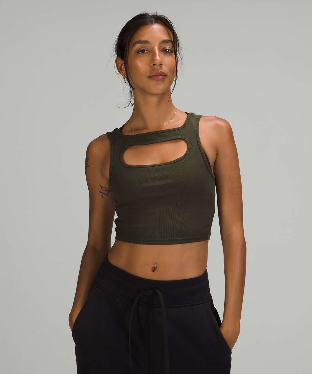 Lululemon LA Front Cut-Out Crop Tank - Dark Olive - lulu fanatics