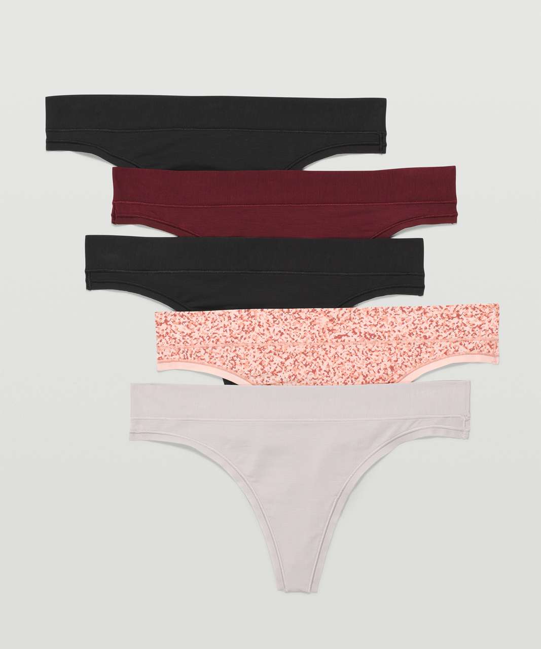 Lululemon UnderEase Mid Rise Thong Underwear *5 Pack - Black / Black / Red Merlot / Ditsy Grain Pink Mist Multi / Chrome