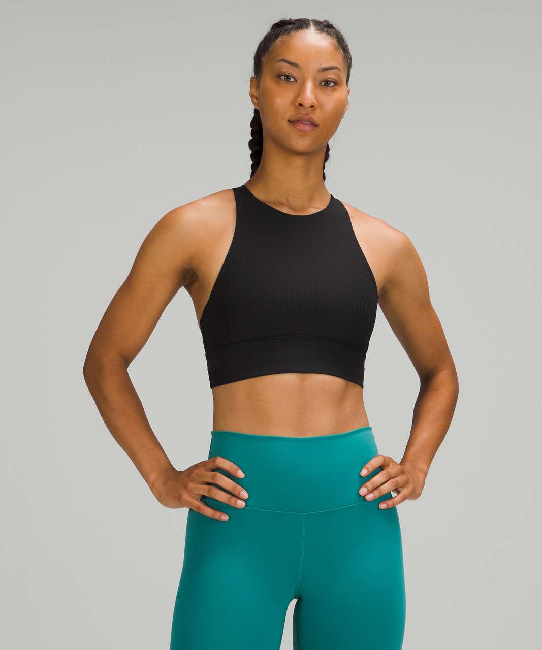 Lululemon Energy Bra High Neck Long Line Rib *Medium Support, B–D Cup -  Black - lulu fanatics