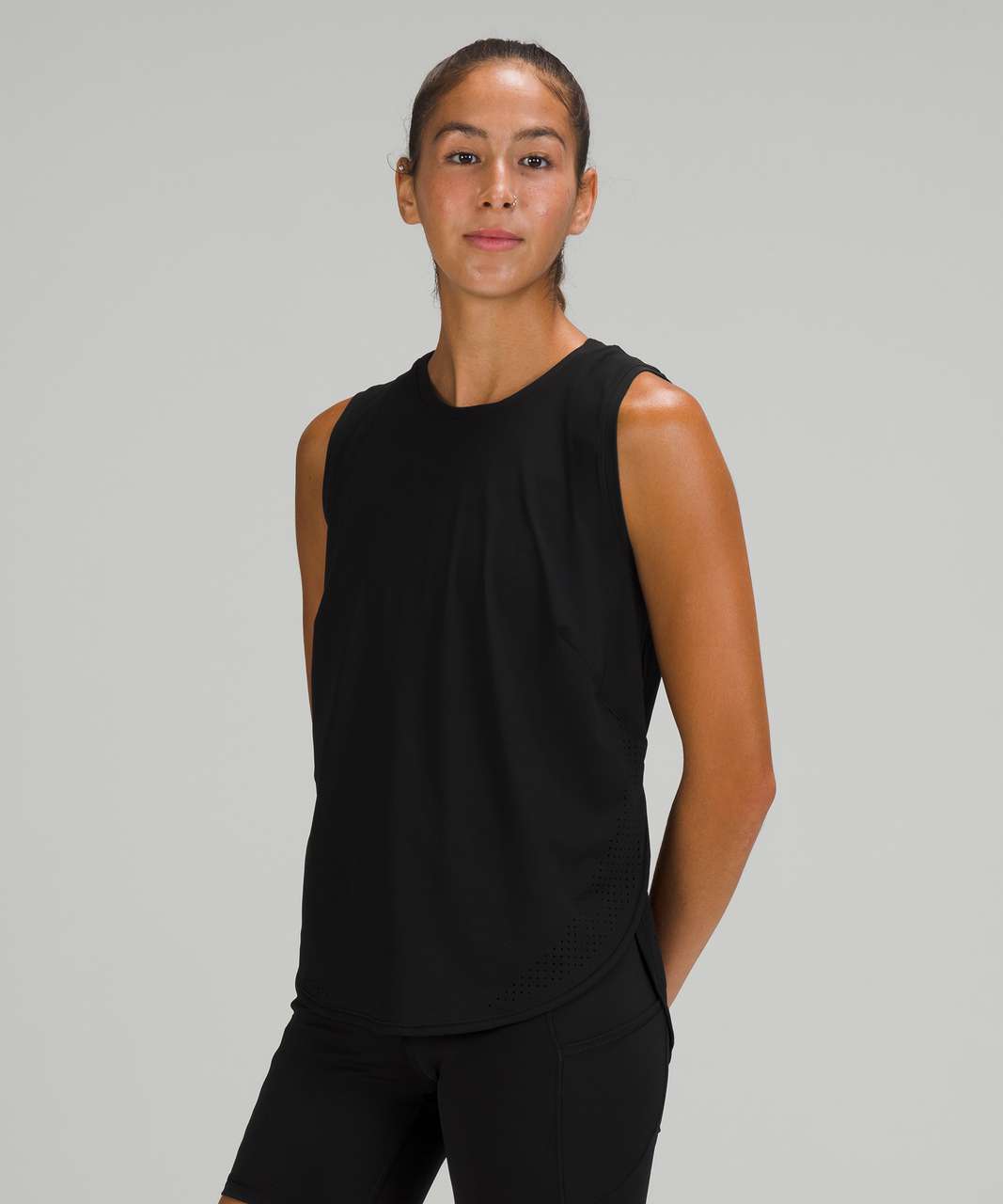 Lululemon Elevate Tank Top Size 4 Black Mesh Drawcord Hem Pleated